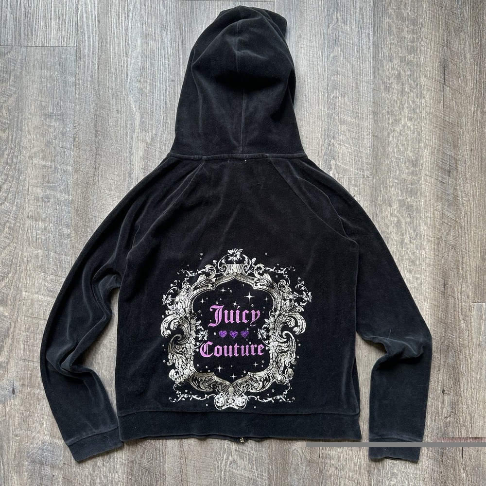 Vintage Juicy Couture Velour‎ Zip Hoodie Black Pink Logo Y2K Women's Size Medium